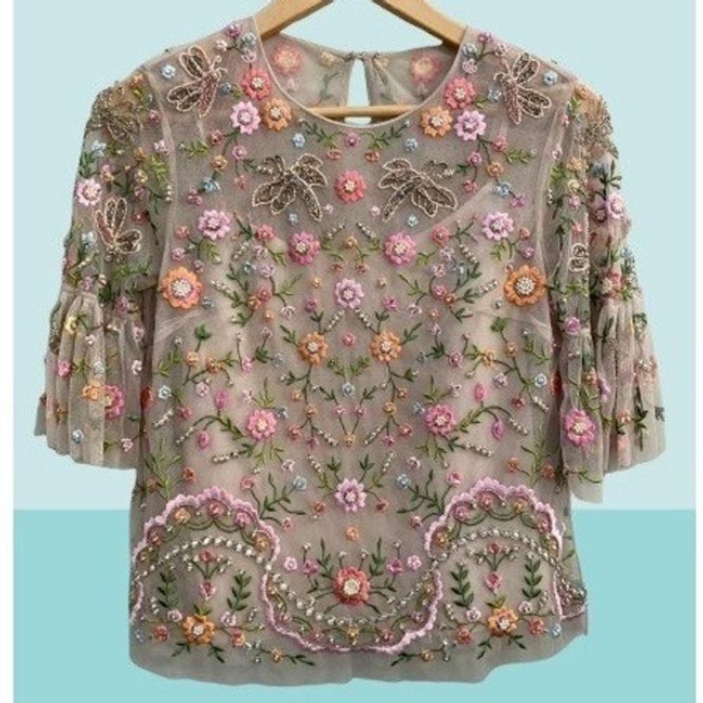 NEEDLE & THREAD Dragonfly Embroidered Beaded Sequined Tulle Top Size 2